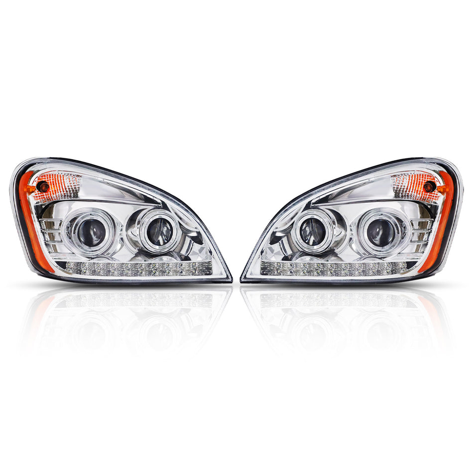 Freightliner Cascadia Headlights Assembly 2008-2017 - Projector Halogen Headlamp - Chrome Housing