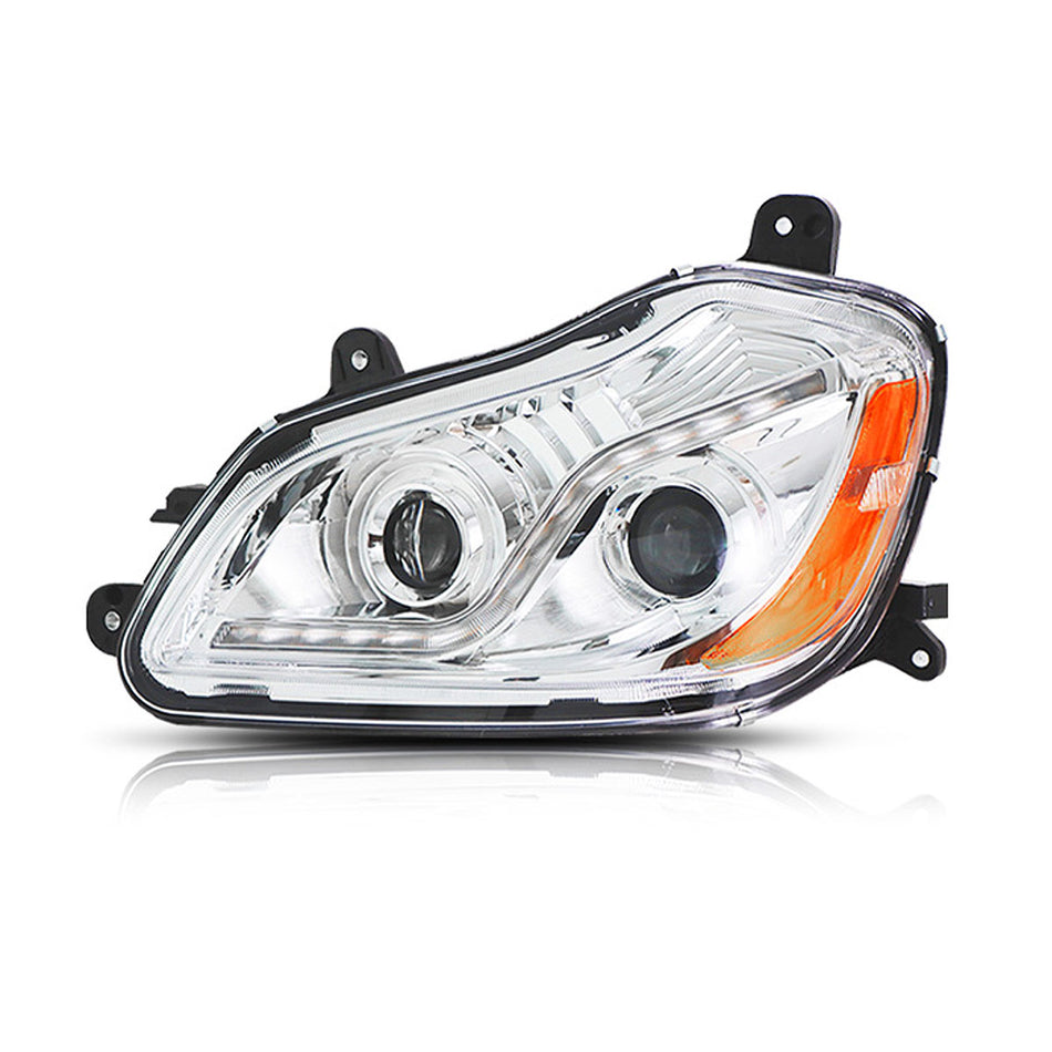 Kenworth T680 Headlight Assembly 2005-2021 - Projector Halogen LED Headlamp with LED Sequential Turn Signal - Chrome Housing