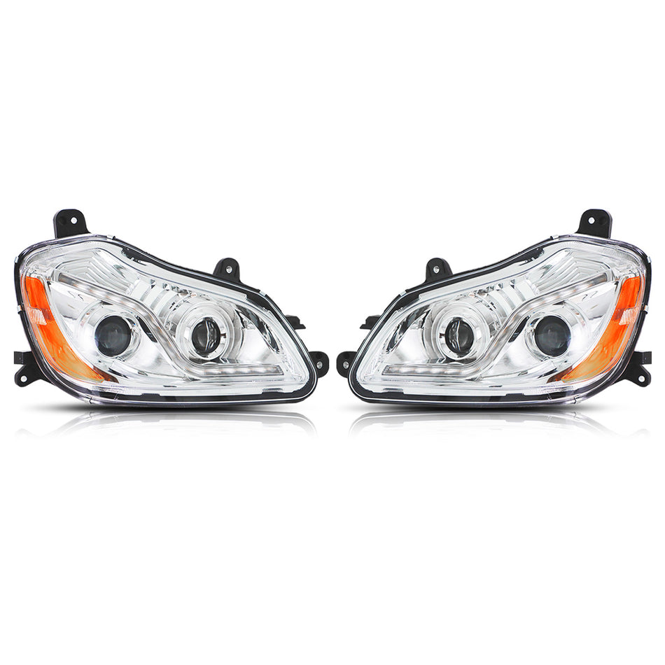 Kenworth T680 Headlight Assembly 2005-2021 - Projector Halogen LED Headlamp with LED Sequential Turn Signal - Chrome Housing